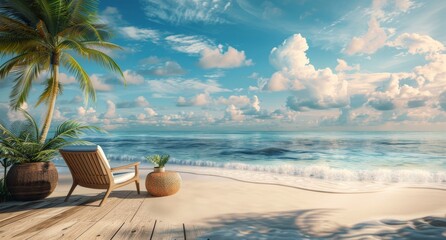 Obraz premium Relaxing Beach View With Palm Trees and Wooden Deck