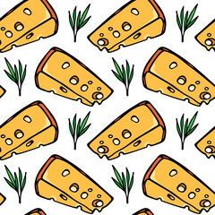 Vector seamless pattern with hand drawn pieces of delicious cheese with rosemary twigs. Ink drawing, graphic style. Beautiful food design elements. Perfect for prints and patterns