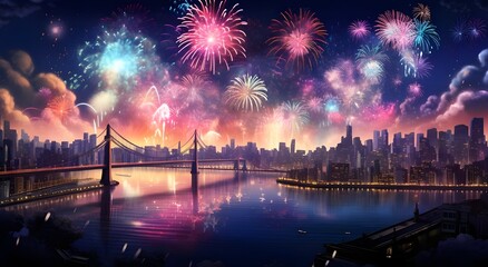 Fireworks are shown in the sky over a city