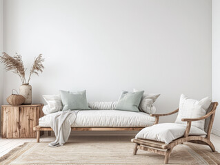 Apartment interiors with boho touches, minimal furniture and window lighting. Residential Real Estate mockup composition with copy space. © JuanM