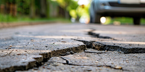 Naklejka premium Blurred car on background with crack on road in front. Poor condition of the road surface. Spring season. Hole in the asphalt, risk of movement by car, bad asphalt dangerous road, potholes in asphalt.