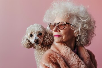 Close-up portrait of stylish senior gray-haired woman posing with adorable toy poodle. Funny dog with peach color curly fur in arms of its loving female owner. Pink background.