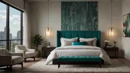 Fototapeta premium minimalist modern bedroom with green nuance