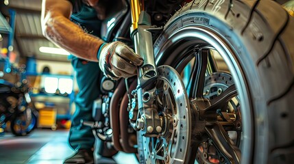 Mechanic installing a wheel on a motorcycle at a repair shop 