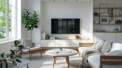 Fototapeta premium Interior of modern cozy living room in Scandi style. Stylish white sofa and armchair, wooden coffee table, carpet on the floor, flat TV on the wall, indoor plants. Contemporary home design. Mockup.