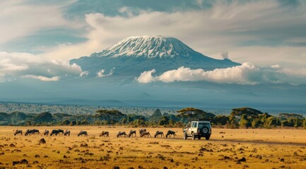 A safari vehicle on the road with the wildebeest, Masai Mara reserve in Kenya, Africa