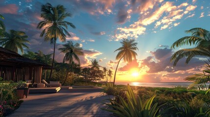 Luxury Villa with Palm Trees and Tropical Sunset 