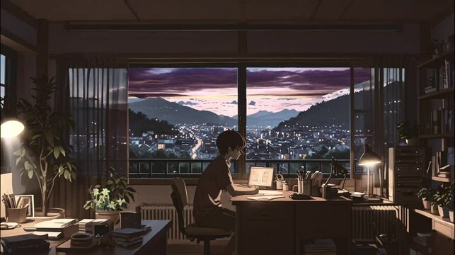 A cozy lofi student study room with a wooden desk and chair near a large window showing a serene night view.