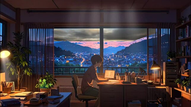 A cozy lofi student study room with a wooden desk and chair near a large window showing a serene night view.