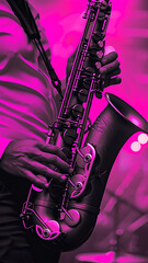 Fototapeta premium Saxophone player Saxophonist playing jazz music instrument Jazz musician playing sax alto close up purple colors