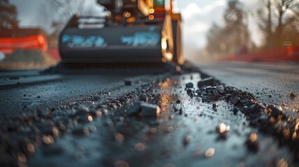 Asphalt compactor in action on a vibrant construction site