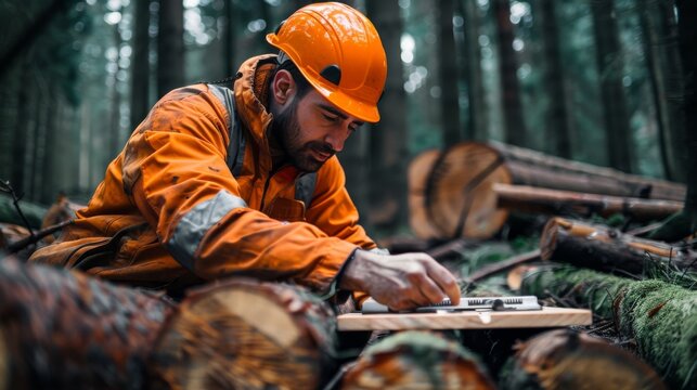 Forestry professional in orange safety gear taking notes in a lush forest - Powered by Adobe