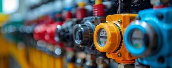 Close-up of modern industrial equipment with colorful dials and meters