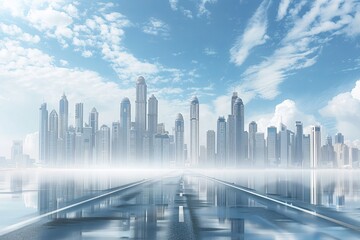 A serene, futuristic cityscape enveloped in mist, picturesque for a wallpaper or modern background