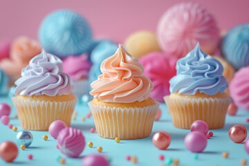 Colorful cupcakes with creative decorations on a pastel background