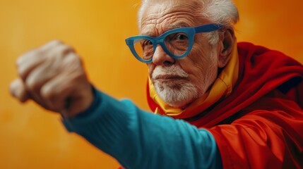 Energetic elderly superhero with a cape and glasses showing strength and agility