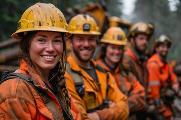 Diverse forestry crew with safety gear posing confidently in the forest
