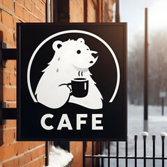 A Modern Cafe Logo of a Polar Bear Cub Holding Coffee, Located on a Sign Outside