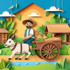 A happy Farmer with a bullock cart village mountain illustration high-quality image, Generative Ai