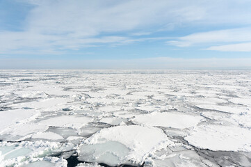 A patchwork of ice floes packed togethr in the Sea of Okhotsk near Abashiri in Hokkaido Japan © James Davies