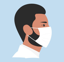 Portrait of a Male doctor in white coat. Healthcare Worker face profile in a mask. Men in nursing. Flat vector illustration isolated on blue background.