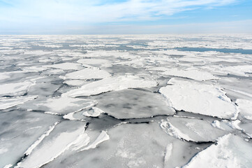 Sheets of drift ice form floes in the Sea of Okhotsk near Abashiri in Hokkaido, northern Japan