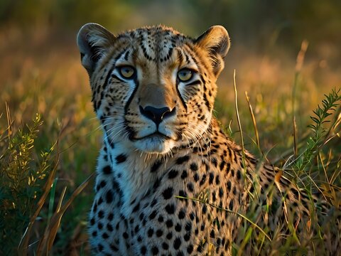 A gepard sitting through the golden grass of the savannah at sunset, its intense gaze focused ahead.