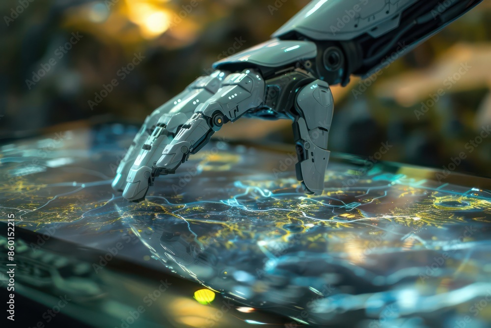 Poster a closeup of a robotic hand adjusting a holographic map of a futuristic landscape with ample copy sp