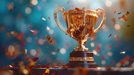 Gold Trophy With Pink Confetti on Blue Background