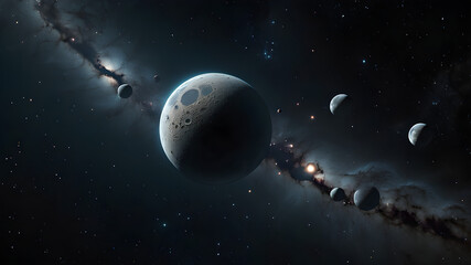  a celestial body with a super dense core made of Fieldpiece with a small, thin ringed structure surrounded by large and small moons.