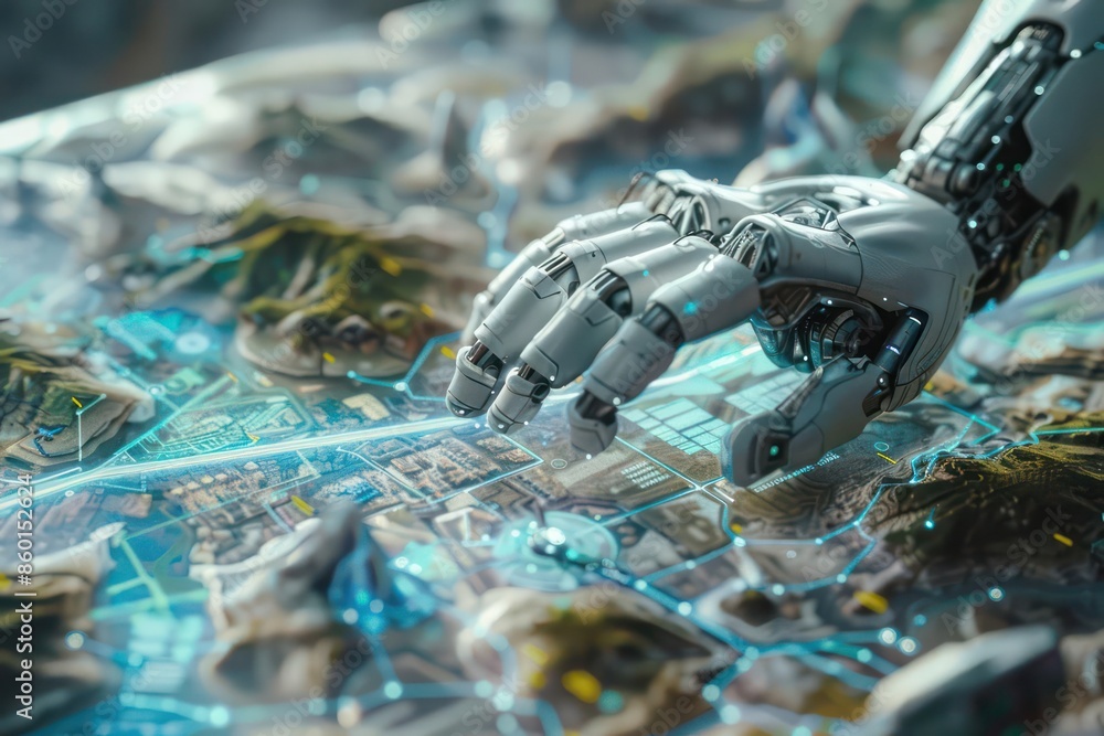 Poster a closeup of a robotic hand adjusting a holographic map of a futuristic landscape with ample copy sp