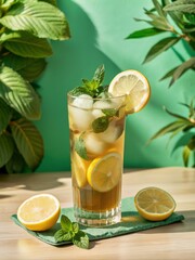 Fototapeta premium Iced tea with lemon slices and mint leaves in a tall glass, on a sunny porch with a garden view