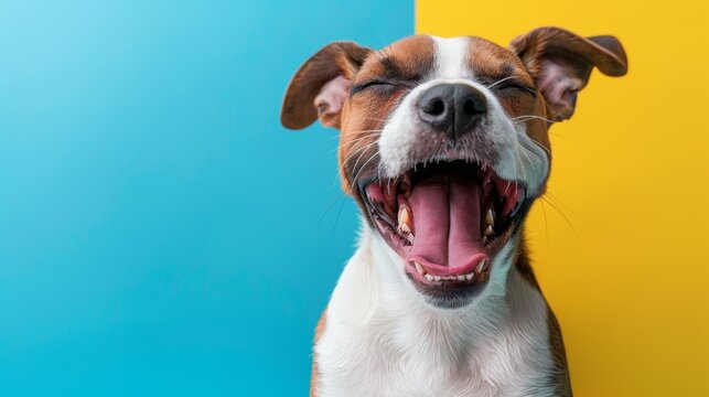 Pitbull Terrier close-up. In a vibrant blue background photo studio. Canine. Dog. Pet.

