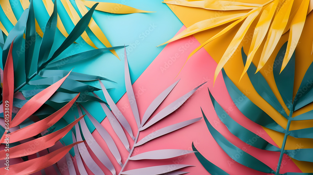 Wall mural Tropical bright colorful background with exotic painted tropical palm leaves Minimal fashion summer concept Flat lay : Generative AI