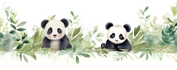 A watercolor painting of pandas in bamboo