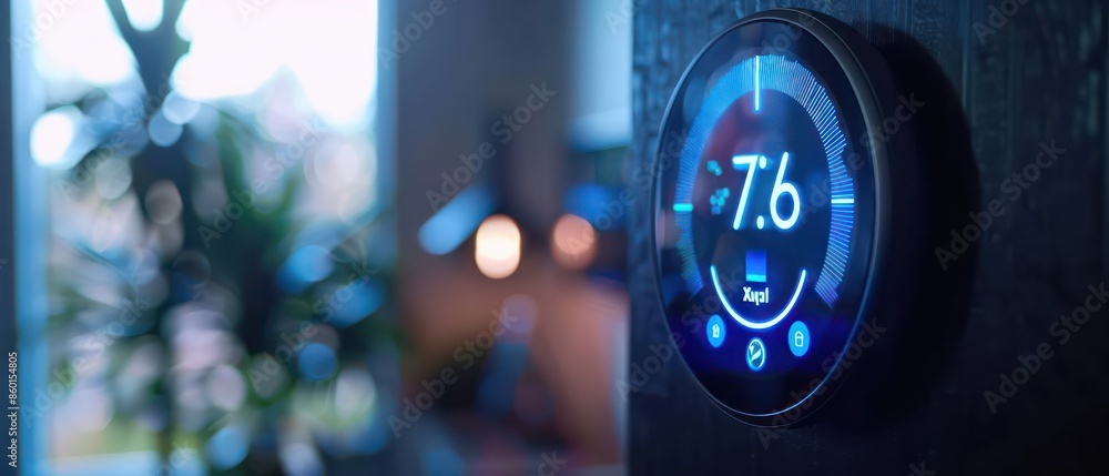 Poster a detailed view of a smart thermostat displaying climate control options in a futuristic home with r