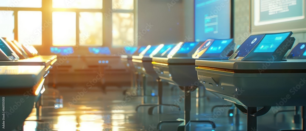 Poster a detailed view of a smart desk displaying interactive learning modules in a futuristic classroom wi