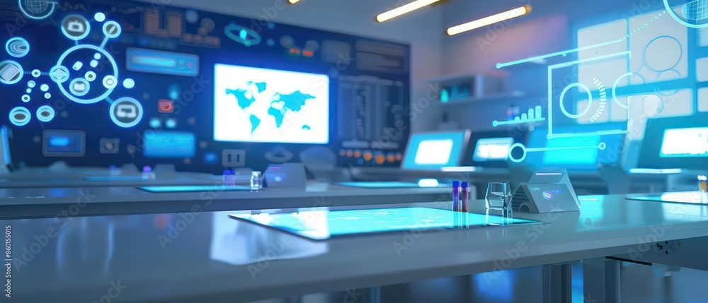 Poster a detailed view of a smart desk displaying interactive learning modules in a futuristic classroom wi
