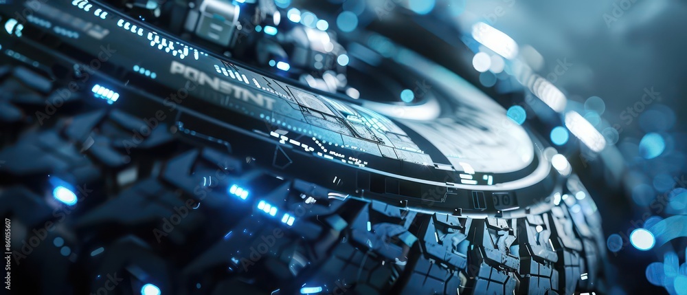 Poster a detailed view of a smart tire with embedded sensors and digital readouts with room for a message