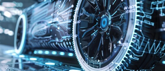 A detailed view of a smart tire with embedded sensors and digital readouts with room for a message