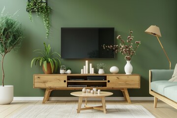 Modern living room interior with olive green wall, wooden furniture, and indoor plants