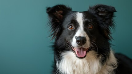 Fototapeta premium Cute joyful Border Collie. Australian shepherd. Isolated against a vibrant blue background. Pet. Dog. Canine.