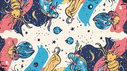 Naklejka premium Hand drawn vertical zodiac pattern with cancer and capricorn signs doodles objects stripes and empty spaces