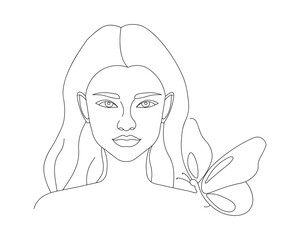 Continuous one line drawing of beautiful woman face with butterfly. Girl outline vector illustration with active stroke, lady in one line style isolated on white background
