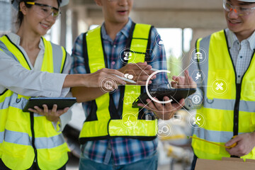 Construction team, blueprint and site building job for architect, builder and engineer sketching a...