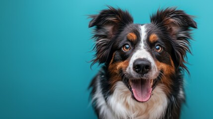 Fototapeta premium Cute joyful Border Collie. Australian shepherd. Isolated against a vibrant blue background. Pet. Dog. Canine.