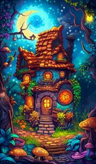 Enchanted fairy tale cottage illuminated at night, nestled in a moonlit forest, creating a magical and serene atmosphere with a whimsical charm and captivating beauty.