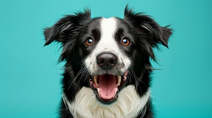 Fototapeta premium Cute joyful Border Collie. Australian shepherd. Isolated against a vibrant blue background. Pet. Dog. Canine.