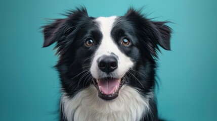 Fototapeta premium Cute joyful Border Collie. Australian shepherd. Isolated against a vibrant blue background. Pet. Dog. Canine.