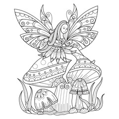 Fairy sitting on mushroom hand drawn for adult coloring book
